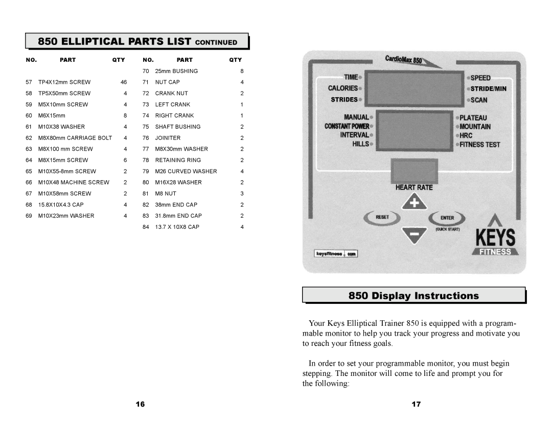 Keys Fitness CM850EL owner manual Display Instructions 