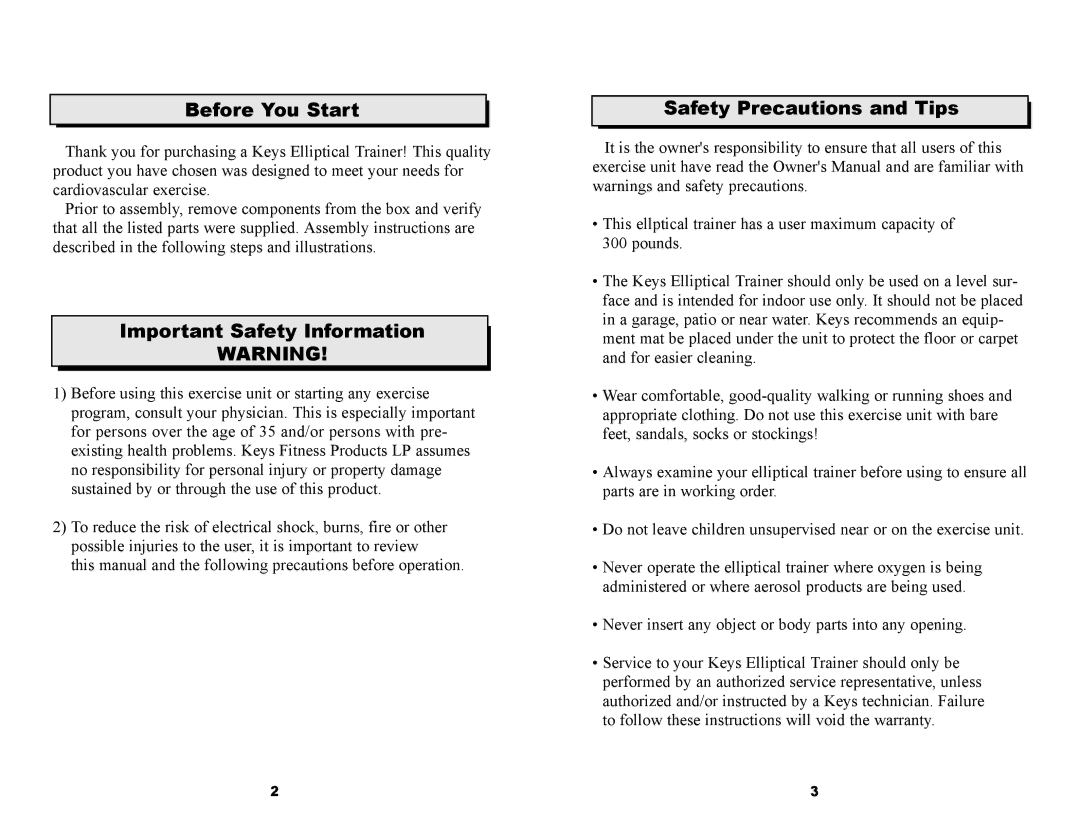 Keys Fitness CM850EL owner manual Before You Start, Important Safety Information, Safety Precautions and Tips 