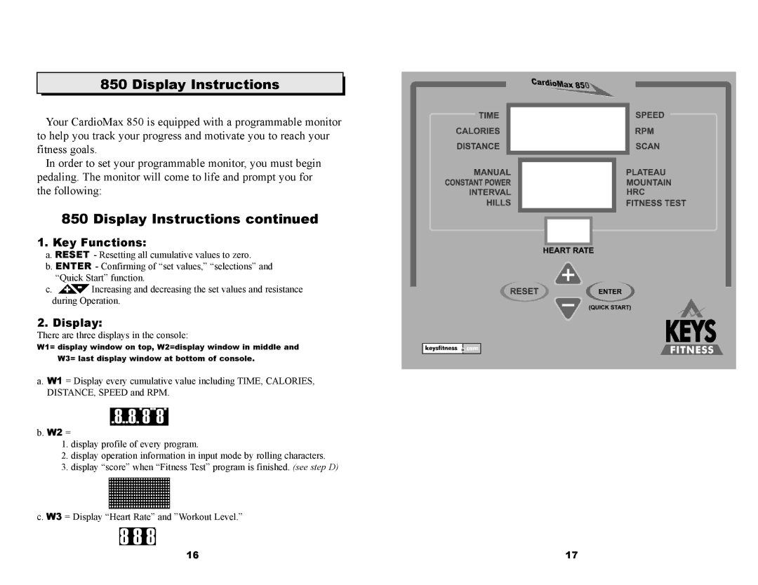 Keys Fitness CM850U owner manual Display Instructions, Key Functions 