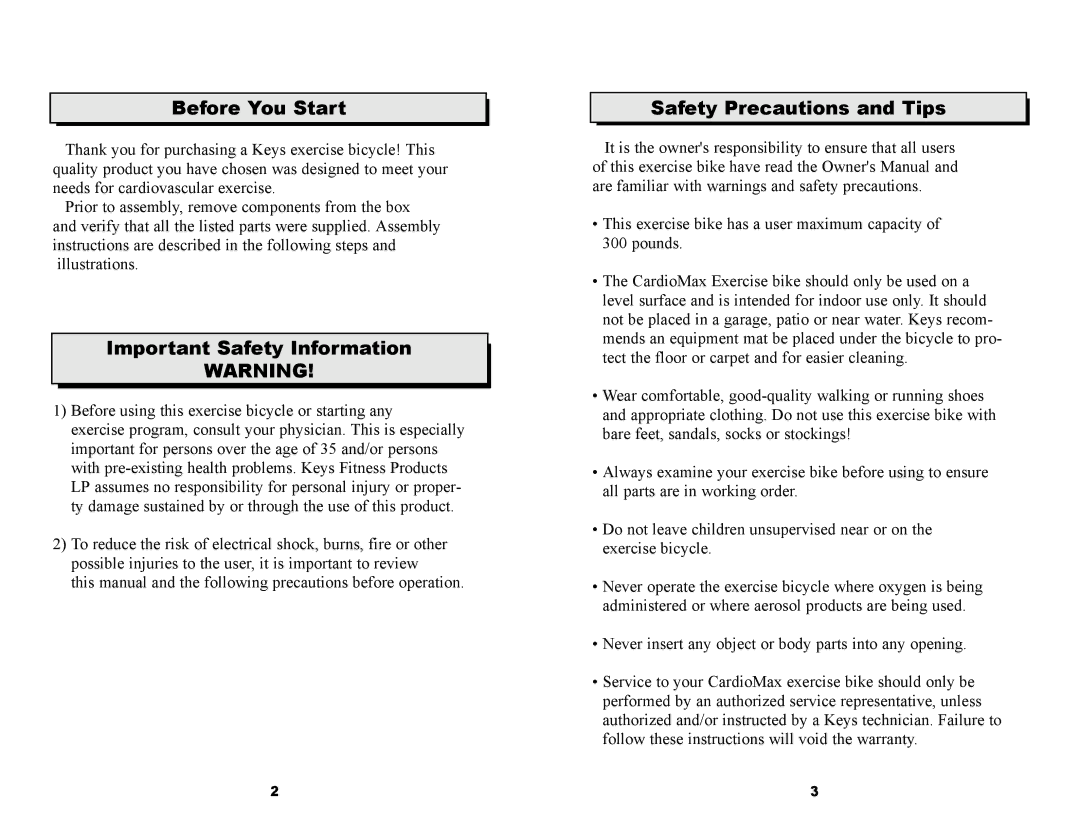 Keys Fitness CM850U owner manual Before You Start, Important Safety Information, Safety Precautions and Tips 