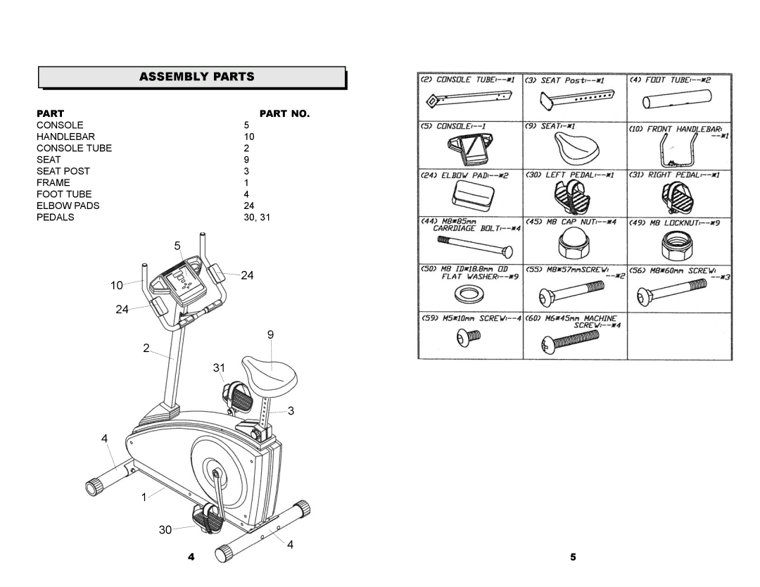 Keys Fitness CM850U owner manual Assembly Parts 