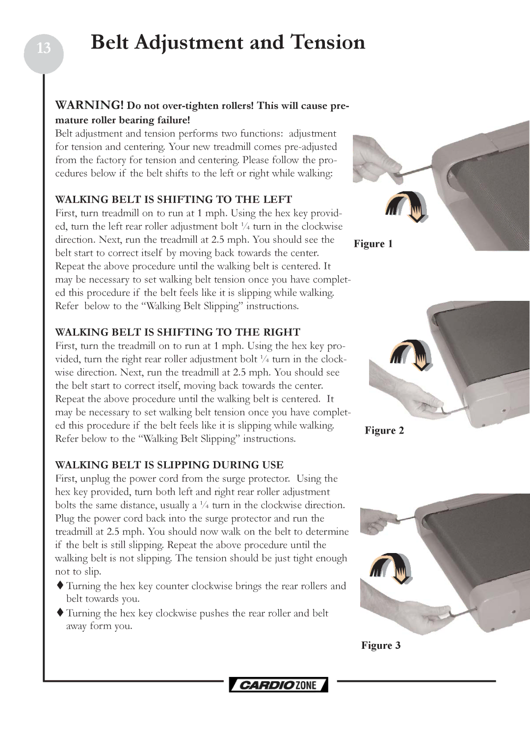 Keys Fitness CZ PRO owner manual Belt Adjustment and Tension, Walking Belt is Shifting to the Left 