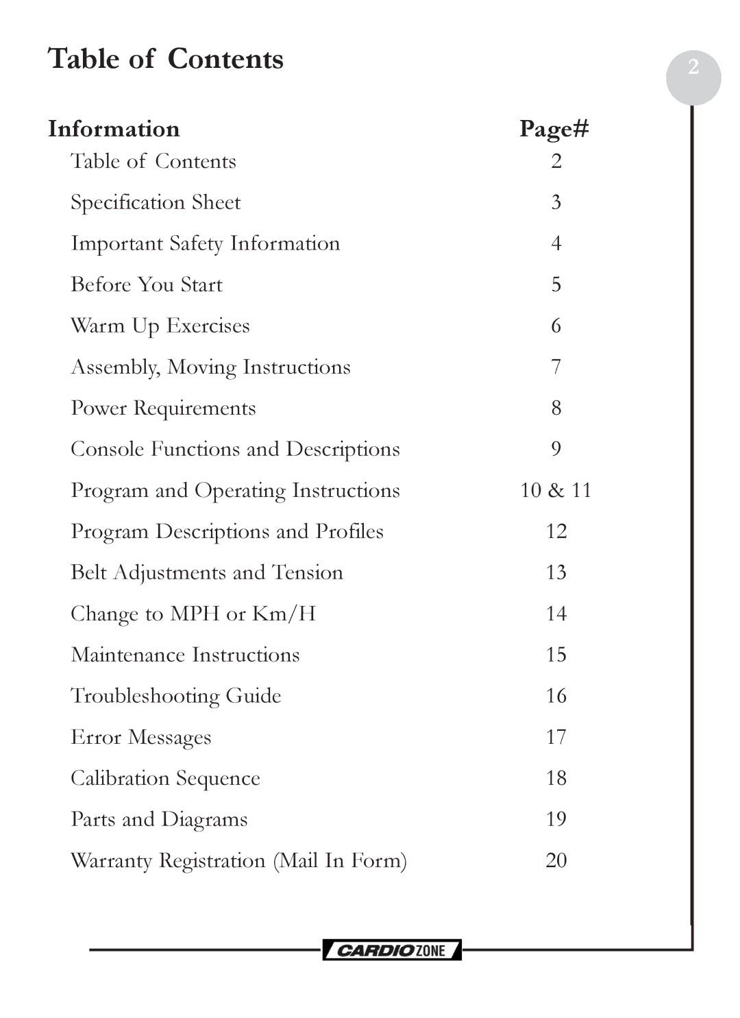 Keys Fitness CZ PRO owner manual Table of Contents 