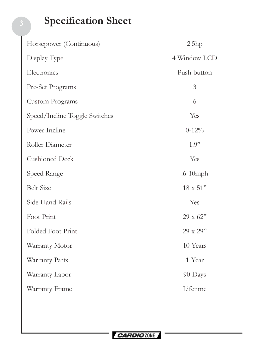 Keys Fitness CZ PRO owner manual Specification Sheet 