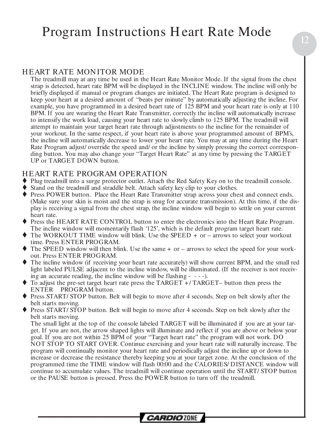 Keys Fitness CZCLUB, CZEMAX Program Instructions Heart Rate Mode, Heart Rate Monitor Mode, Heart Rate Program Operation 