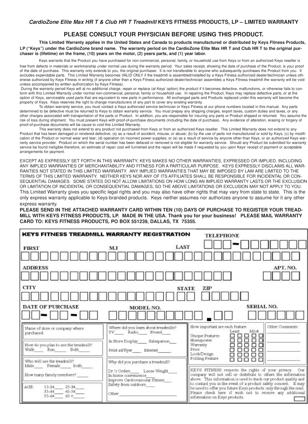 Keys Fitness CZCLUB, CZEMAX owner manual Please Consult Your Physician Before Using this Product 