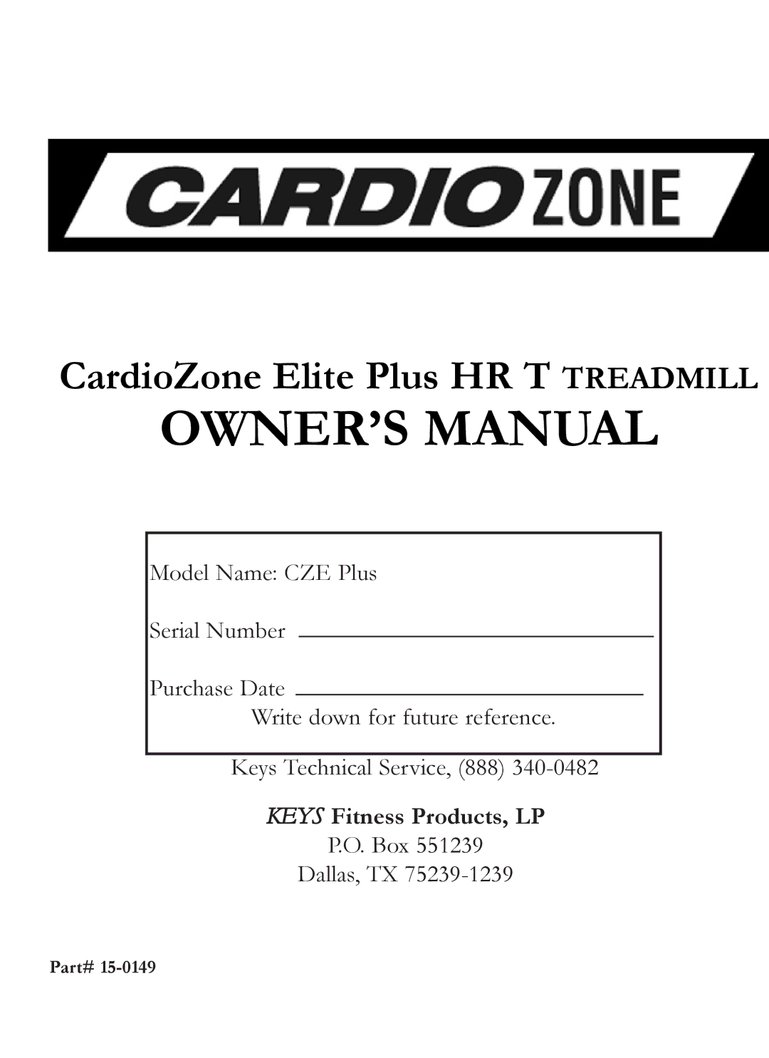 Keys Fitness CZE Plus owner manual CardioZone Elite Plus HR T Treadmill 