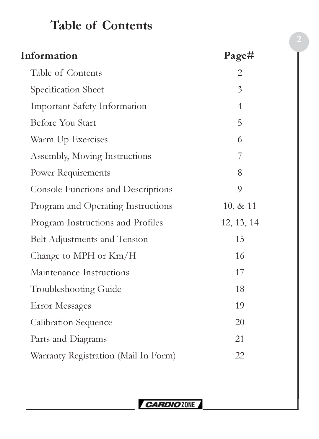 Keys Fitness CZE Plus owner manual Table of Contents 