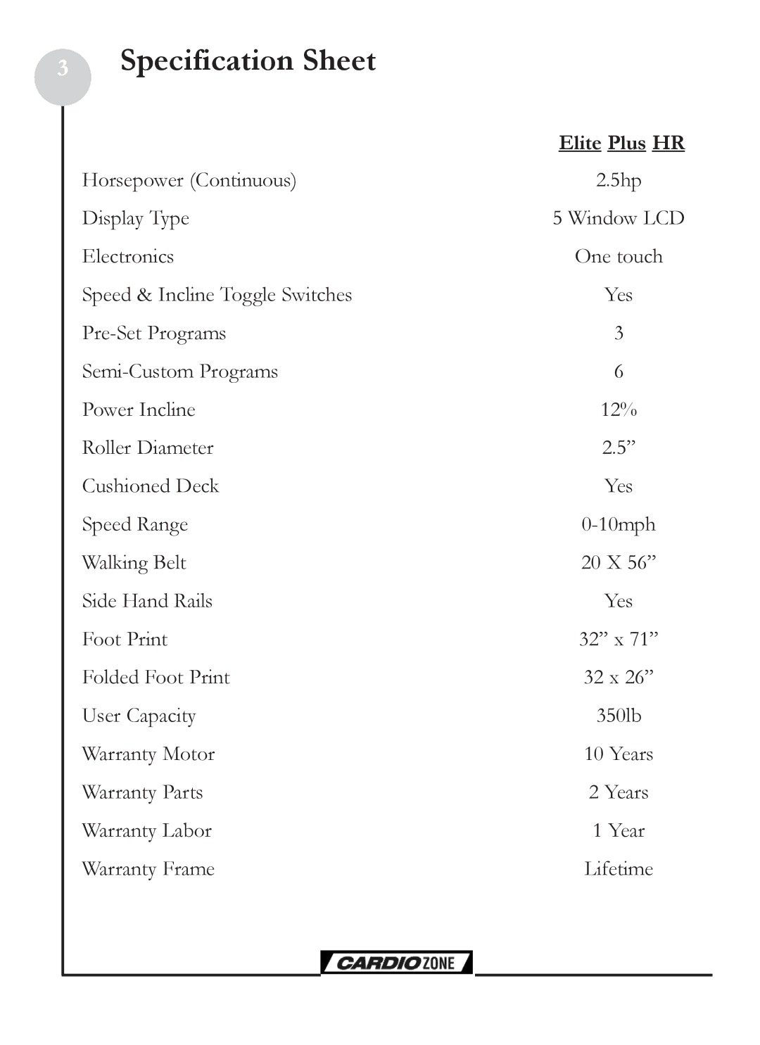 Keys Fitness CZE Plus owner manual Specification Sheet, Elite Plus HR 