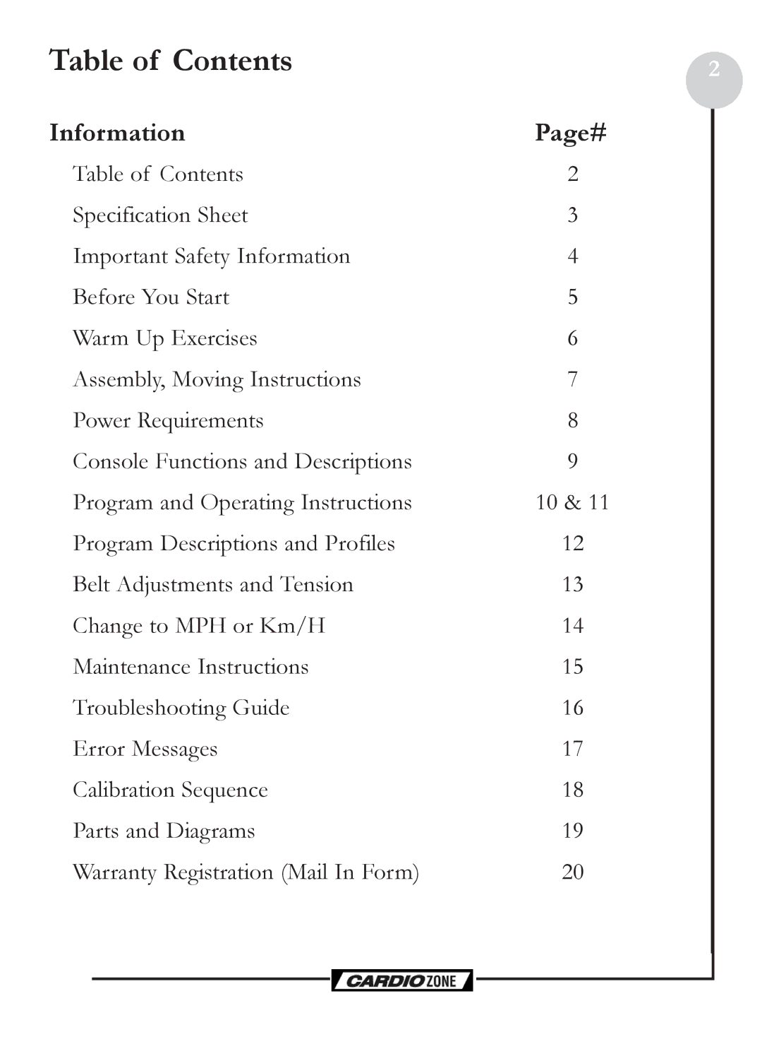 Keys Fitness CZE owner manual Table of Contents 