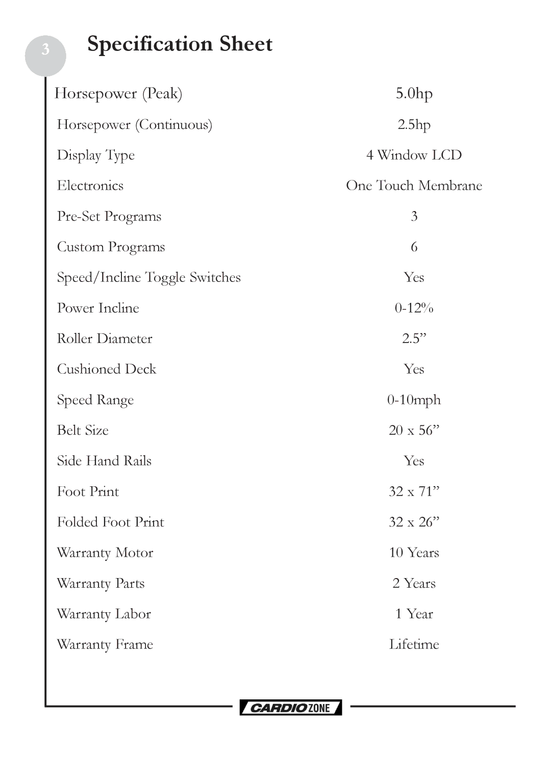 Keys Fitness CZE owner manual Specification Sheet, Horsepower Peak 0hp 