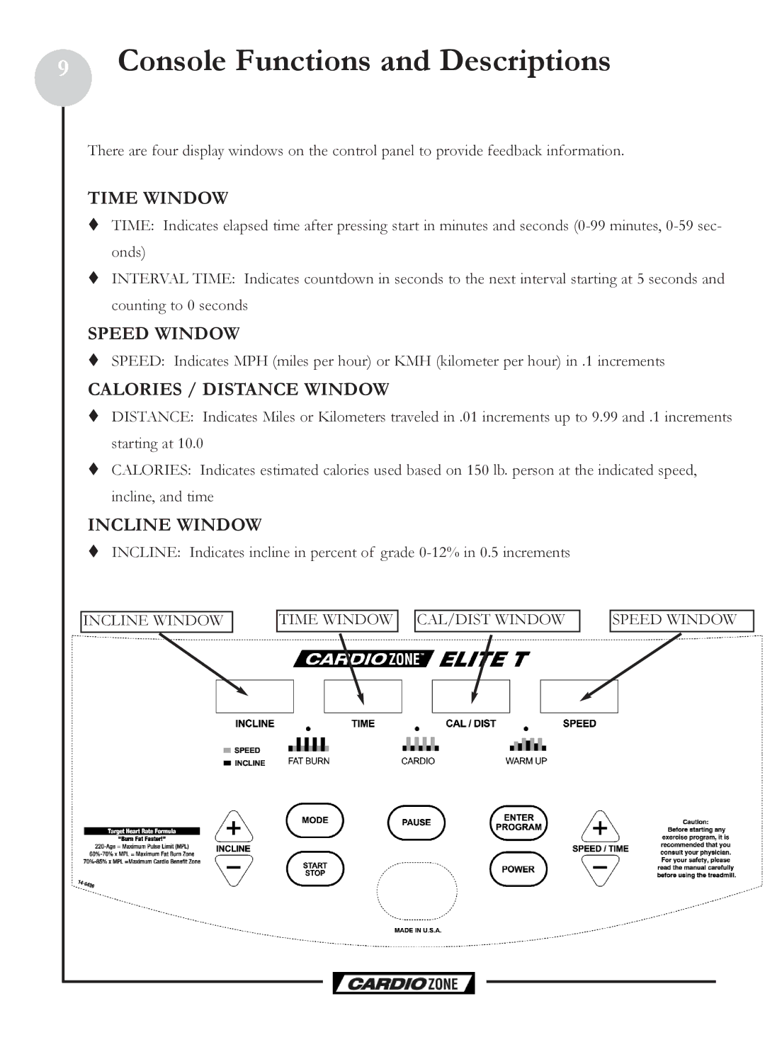 Keys Fitness CZE Console Functions and Descriptions, Time Window, Speed Window, Calories / Distance Window, Incline Window 