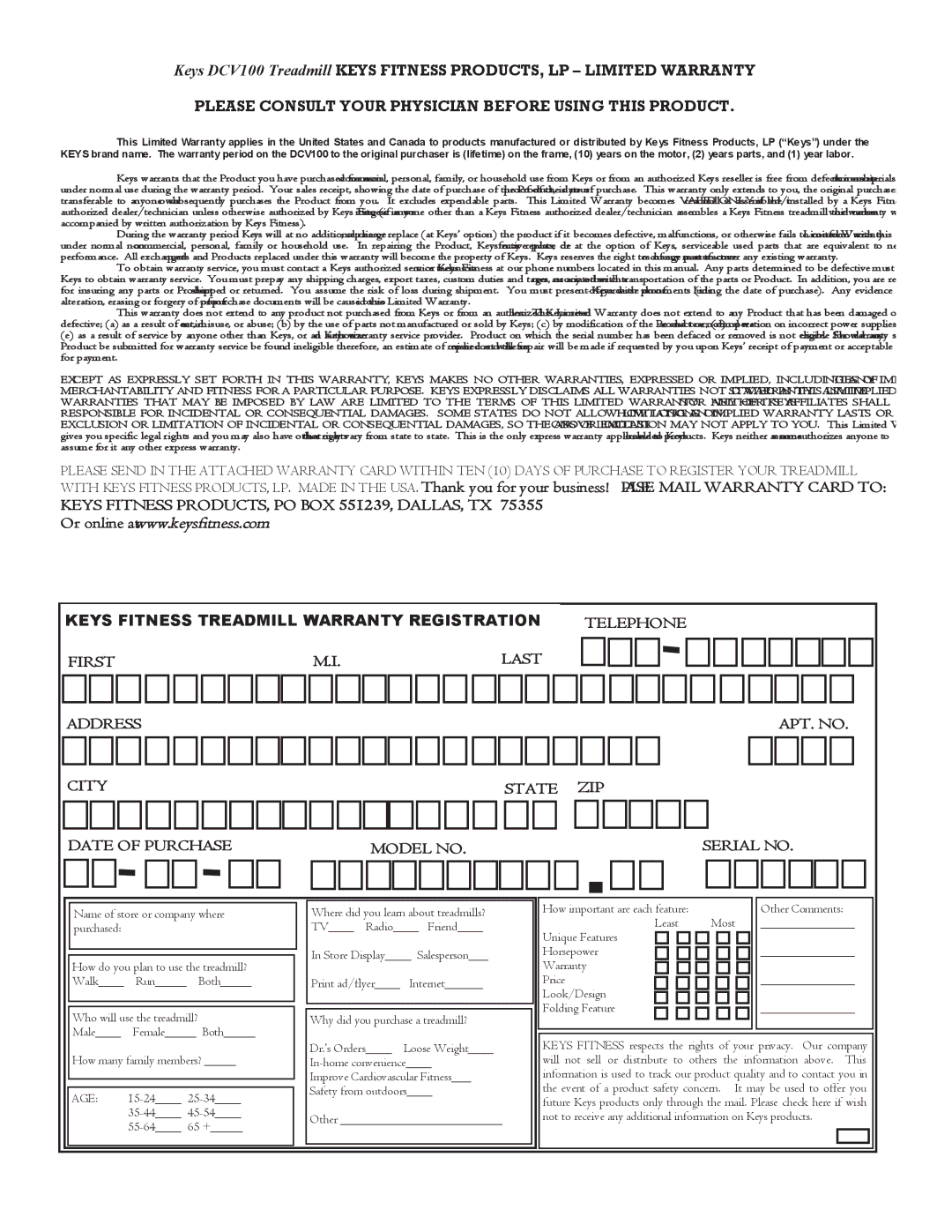 Keys Fitness DCV100 owner manual Please Consult Your Physician Before Using this Product 