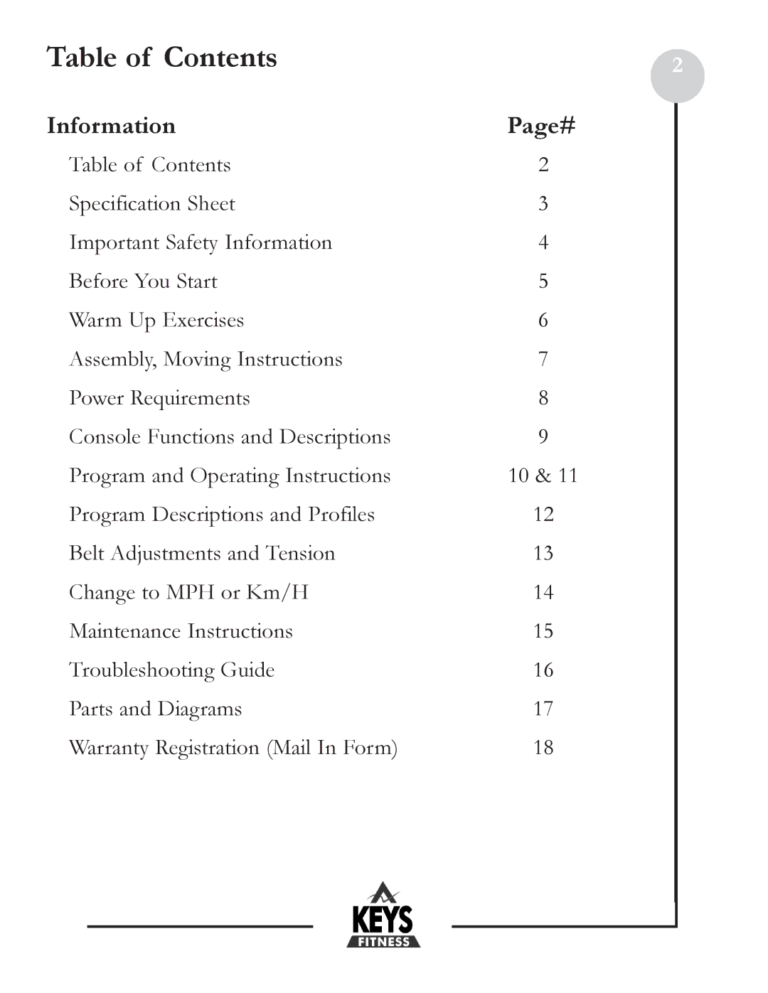 Keys Fitness DCV100 owner manual Table of Contents 