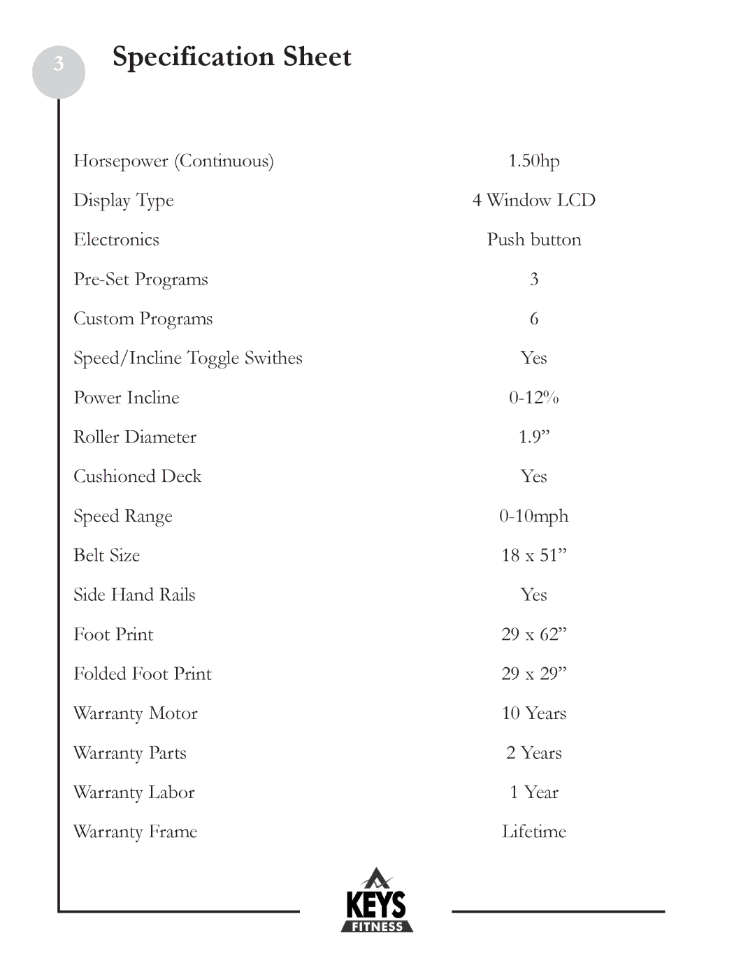 Keys Fitness DCV100 owner manual Specification Sheet 