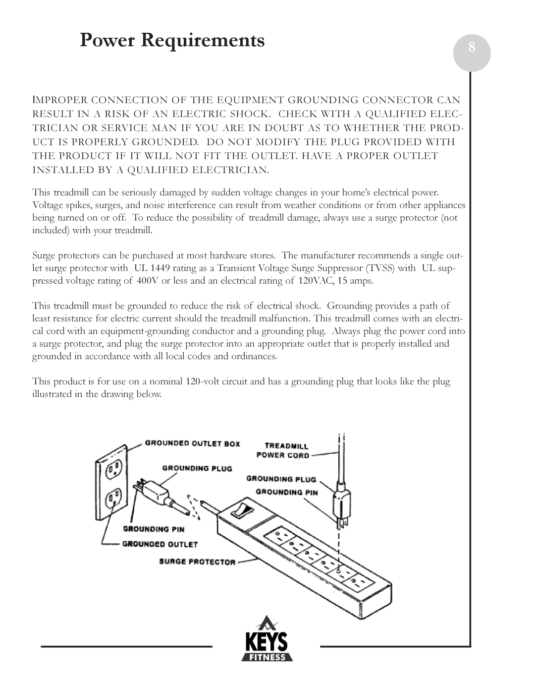 Keys Fitness DCV100 owner manual Power Requirements 