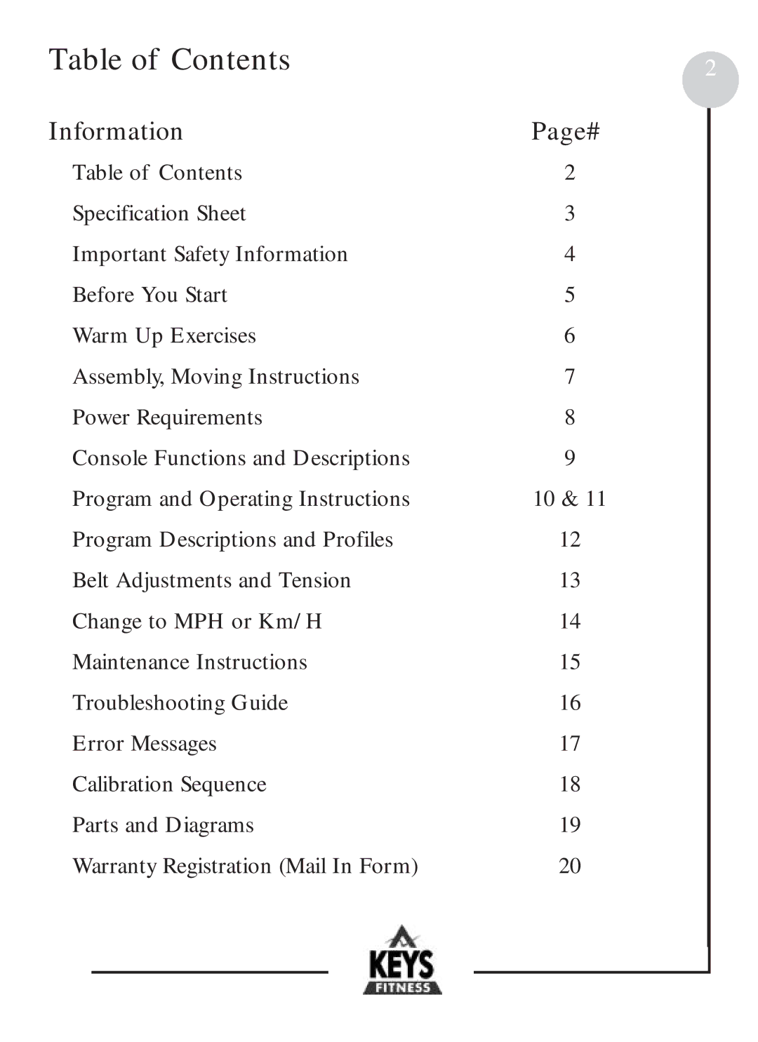 Keys Fitness DCV320 owner manual Table of Contents 