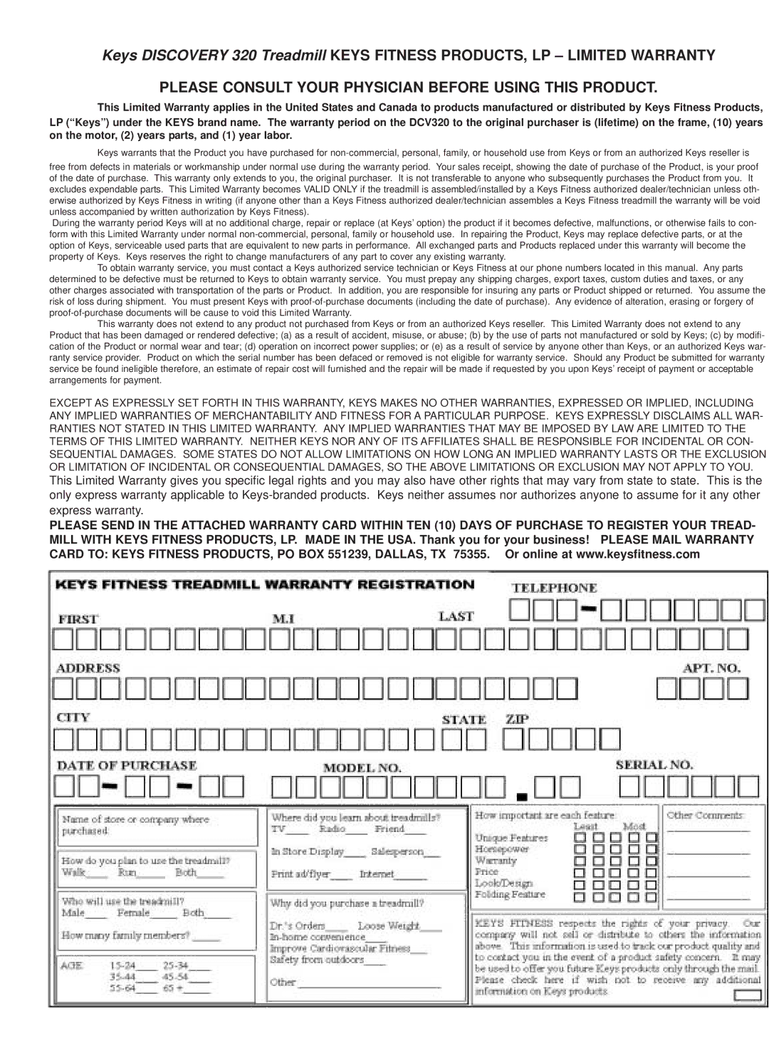 Keys Fitness DCV320 owner manual Please Consult Your Physician Before Using this Product 