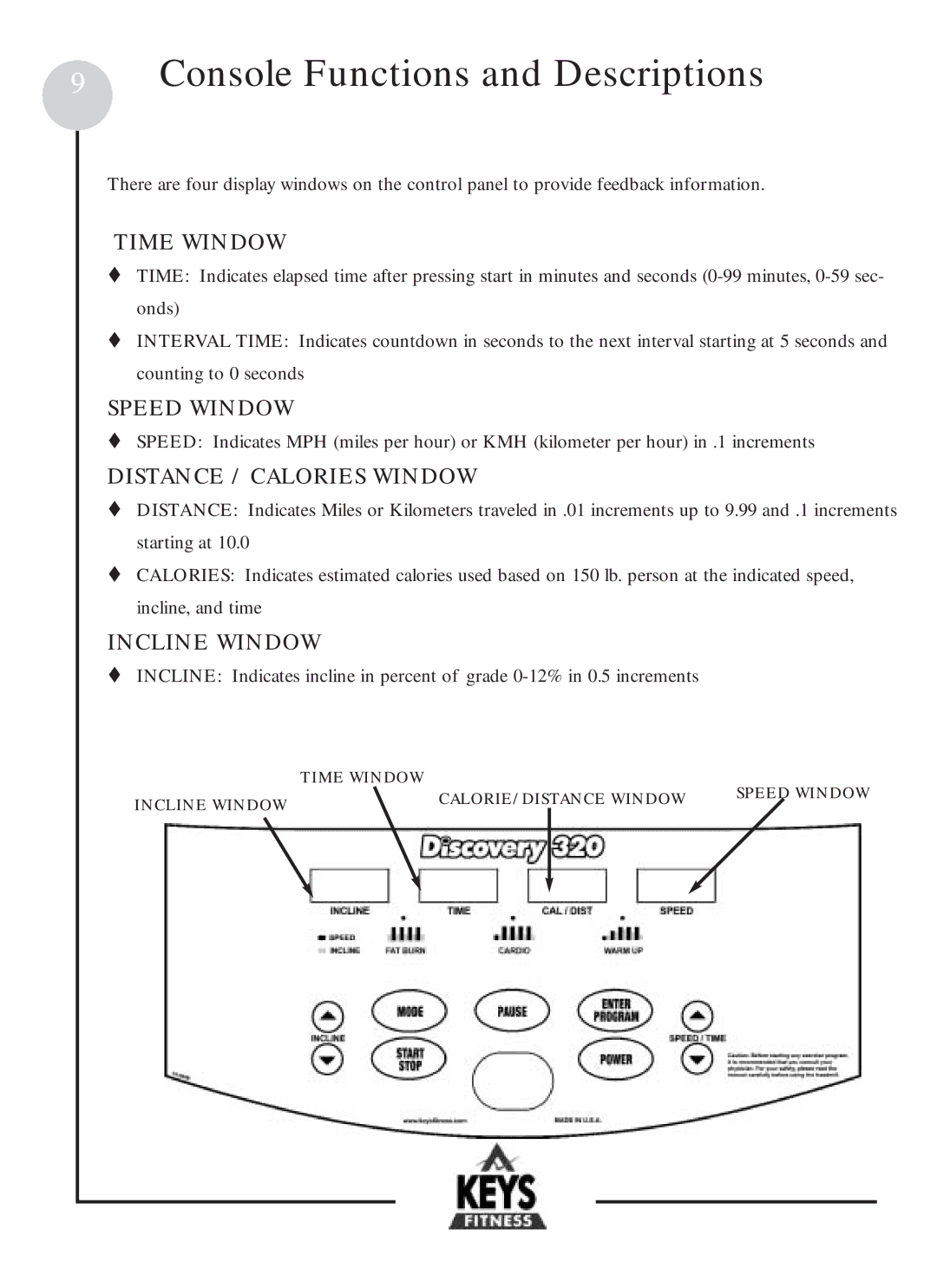 Keys Fitness DCV320 owner manual Console Functions and Descriptions, Time Window, Speed Window, Distance / Calories Window 