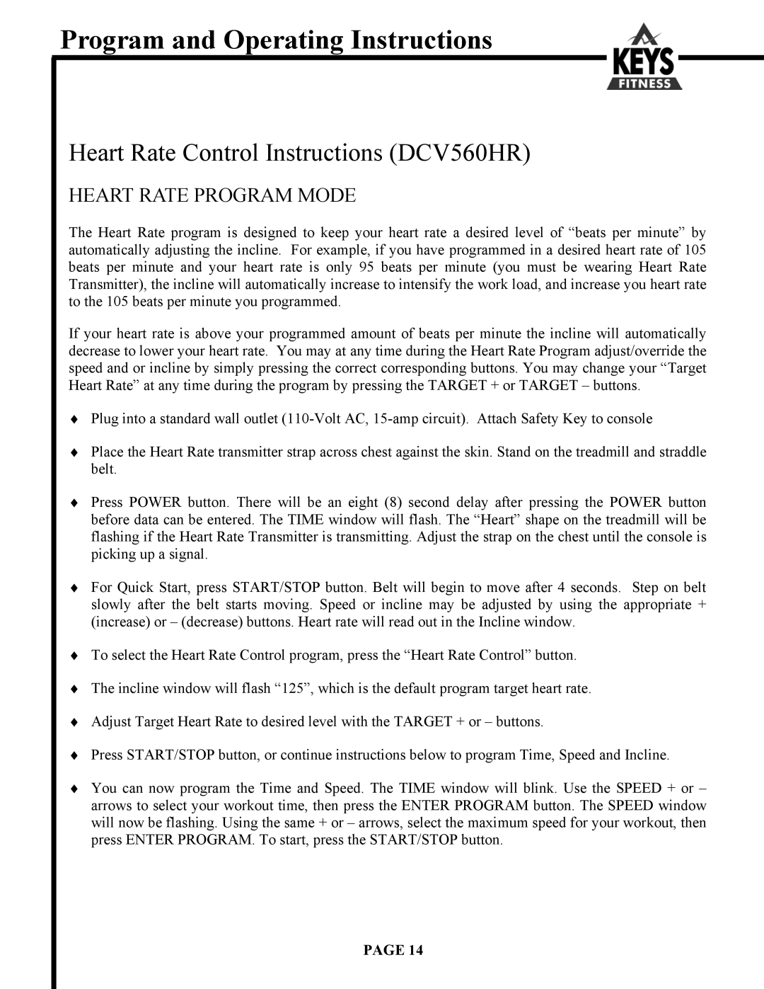 Keys Fitness owner manual Heart Rate Control Instructions DCV560HR 