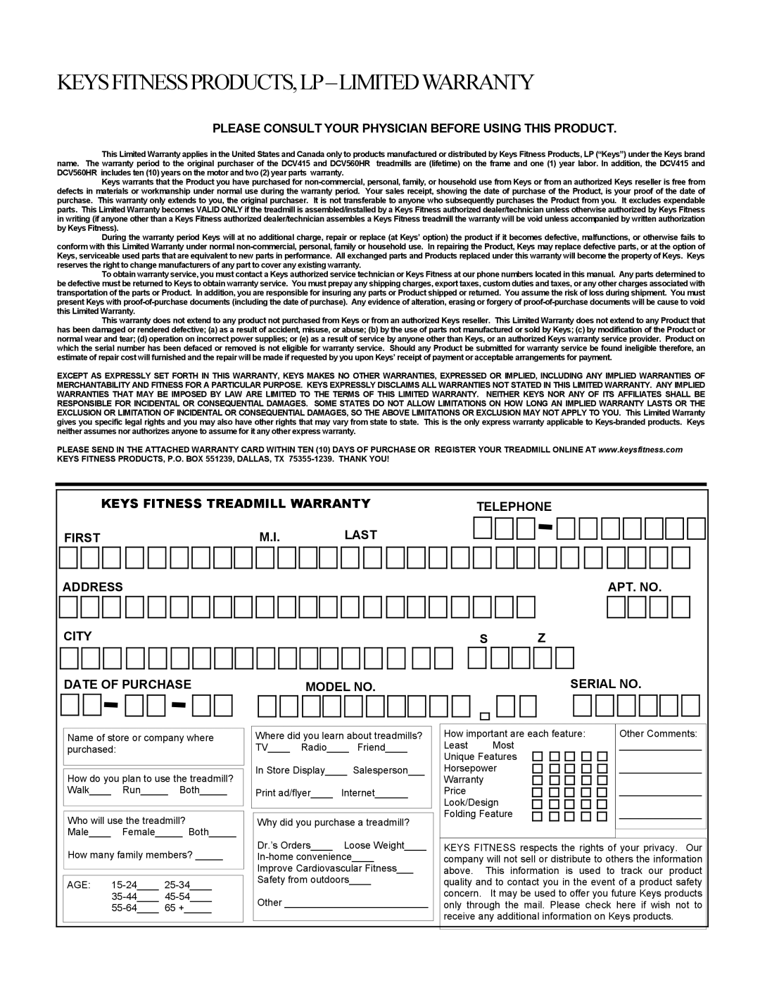 Keys Fitness DCV560HR owner manual Keysfitnessproducts,Lp-Limitedwarranty 