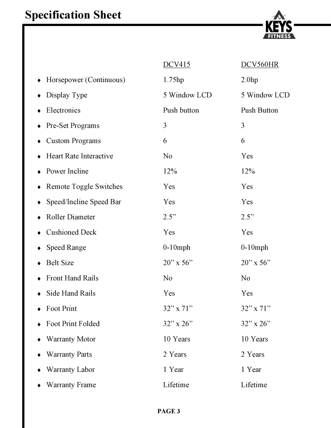 Keys Fitness DCV560HR owner manual Specification Sheet 