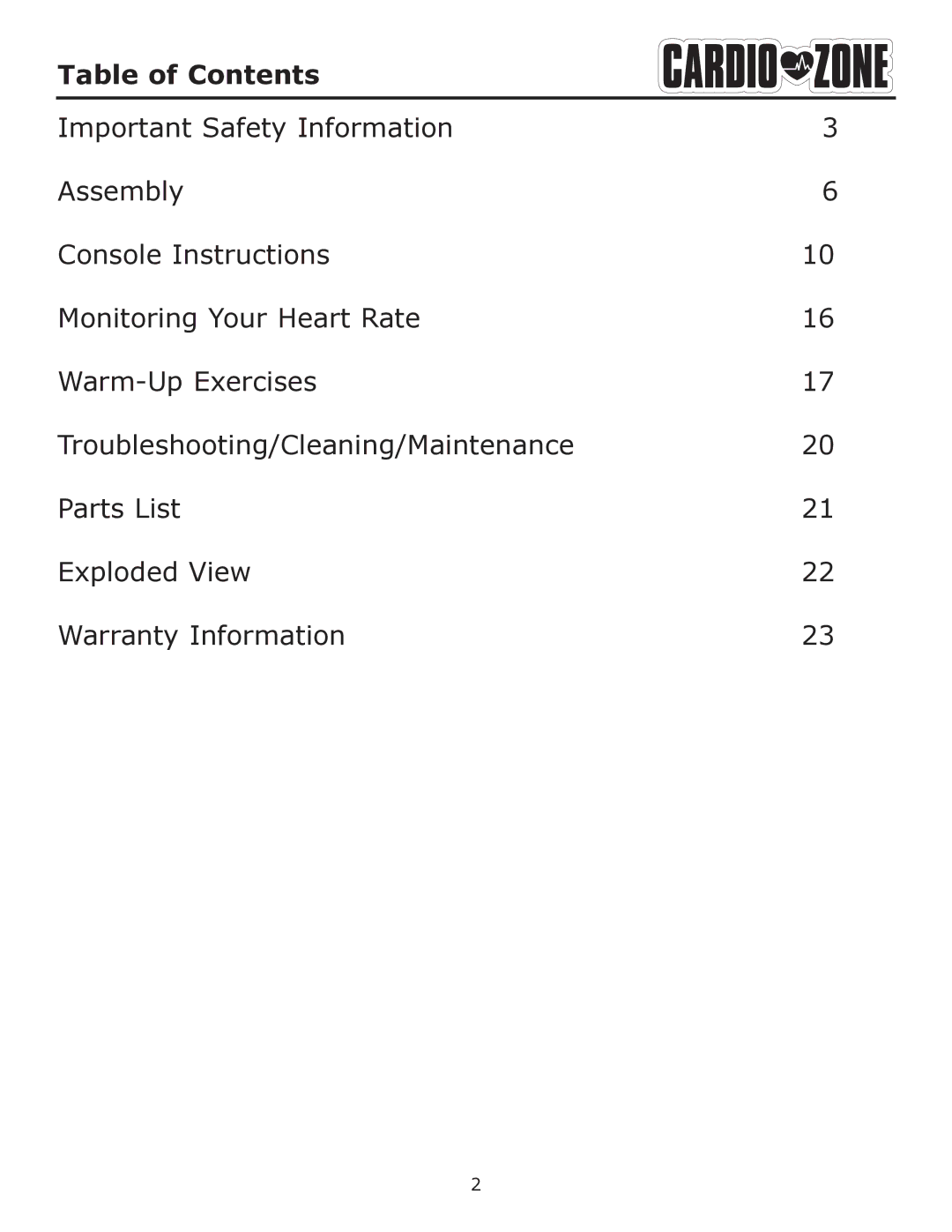 Keys Fitness E-CZ100 owner manual Table of Contents 