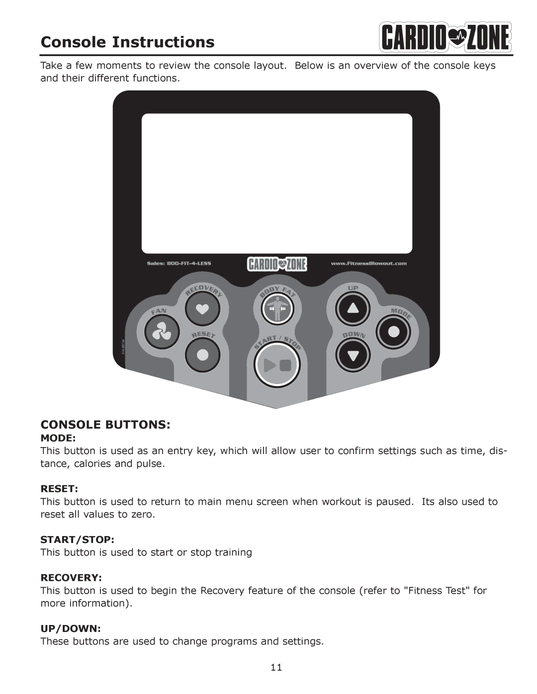 Keys Fitness E-CZ200 owner manual Console Instructions, Console Buttons 