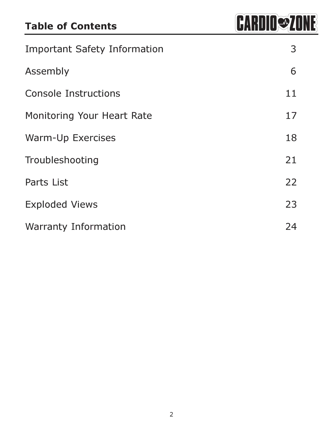 Keys Fitness E-CZ200 owner manual Table of Contents 