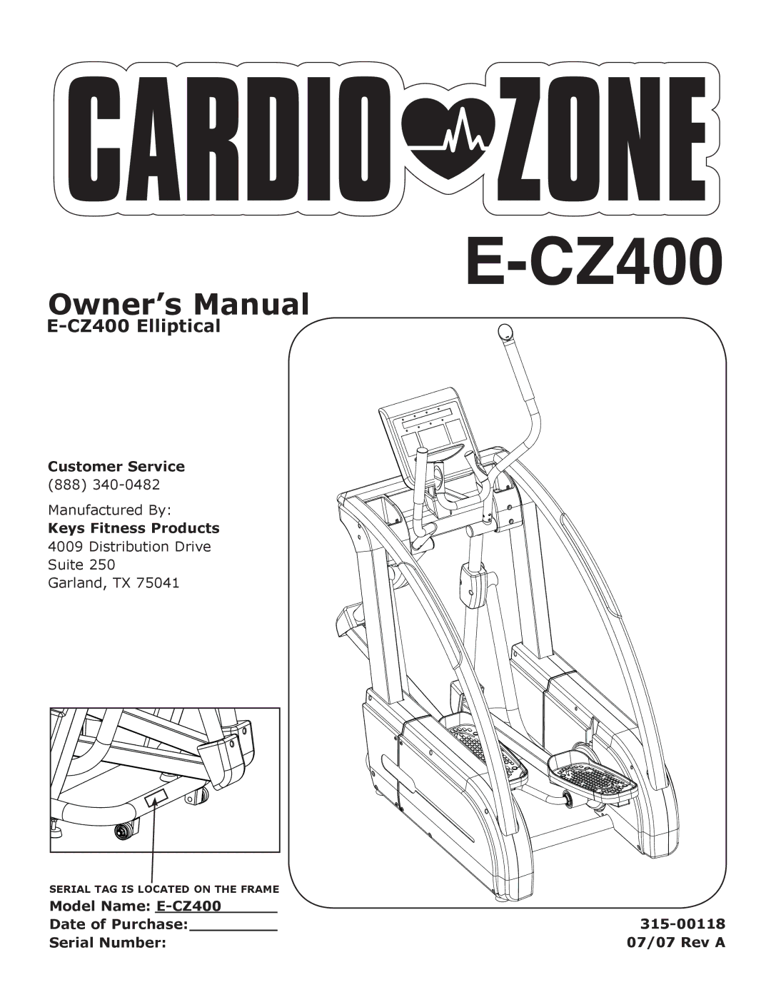 Keys Fitness E-CZ400 owner manual CZ400 Elliptical 