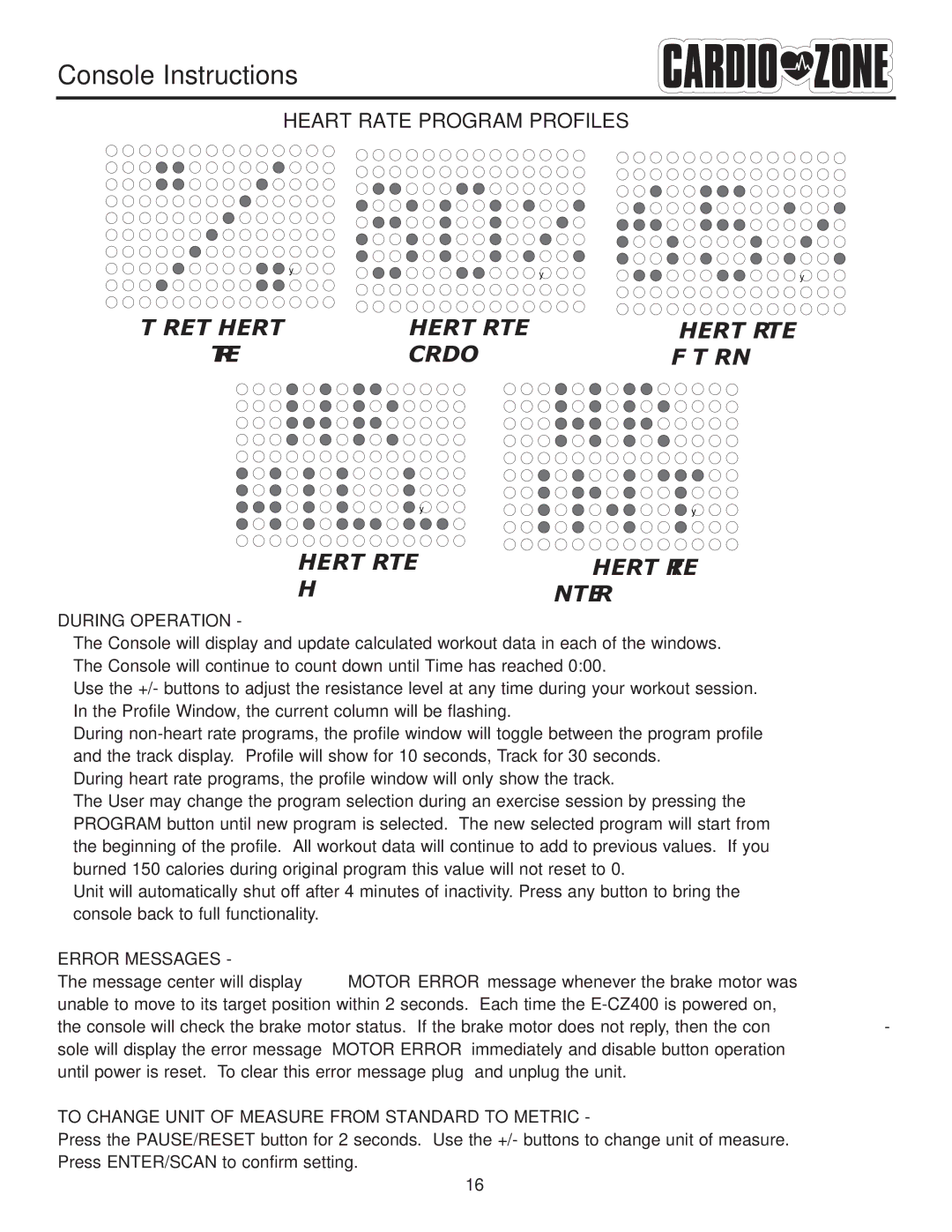 Keys Fitness E-CZ400 owner manual During Operation, Error Messages, To Change Unit of Measure from Standard to Metric 