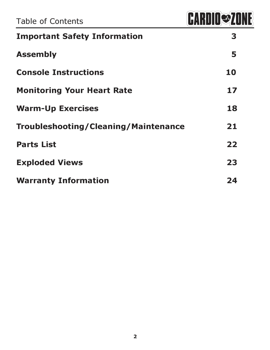 Keys Fitness E-CZ400 owner manual Table of Contents 