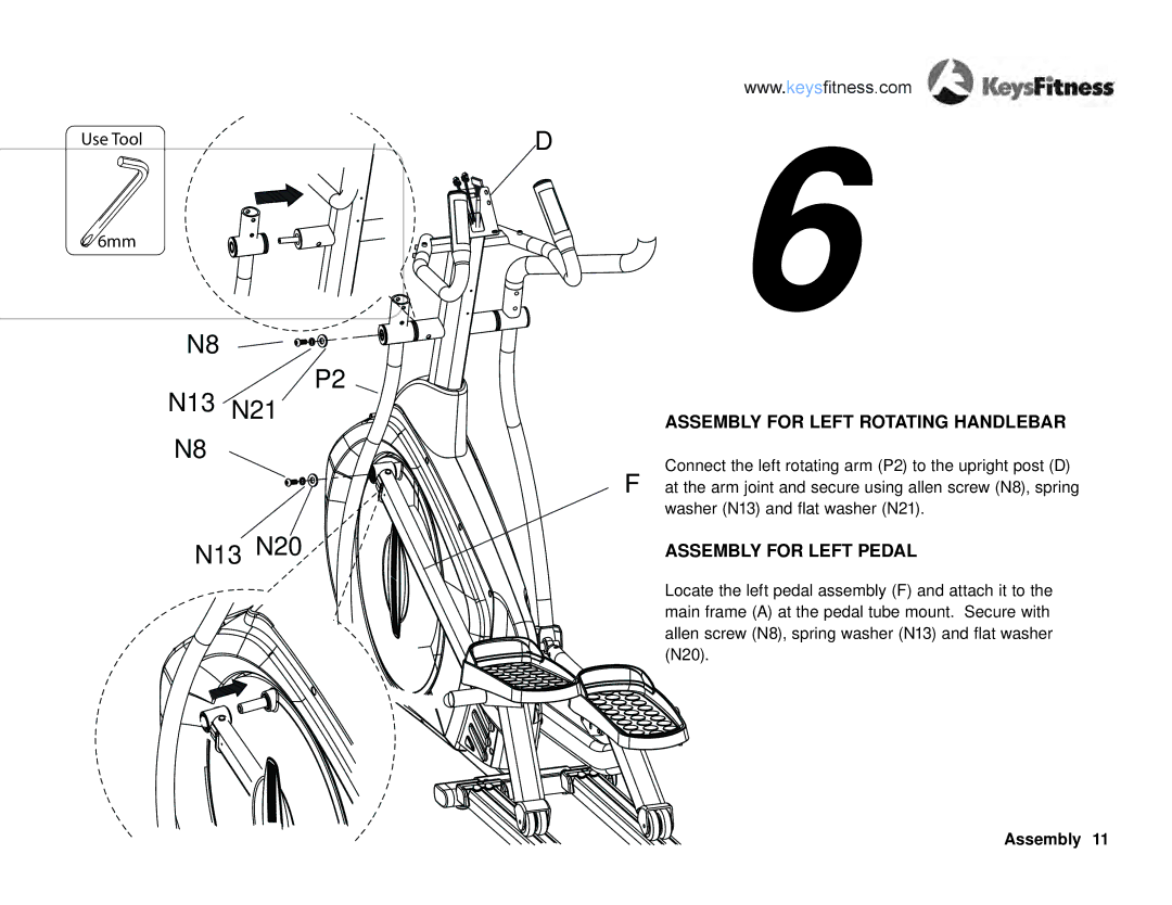 Keys Fitness E2-0 owner manual Assembly for Left Rotating Handlebar, Assembly for Left Pedal 