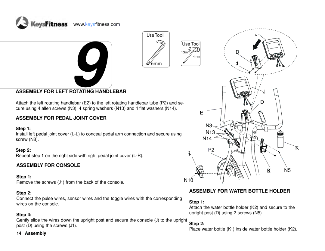 Keys Fitness E2-0 owner manual Assembly for Pedal Joint Cover, Assembly for Console, Assembly for Water Bottle Holder 