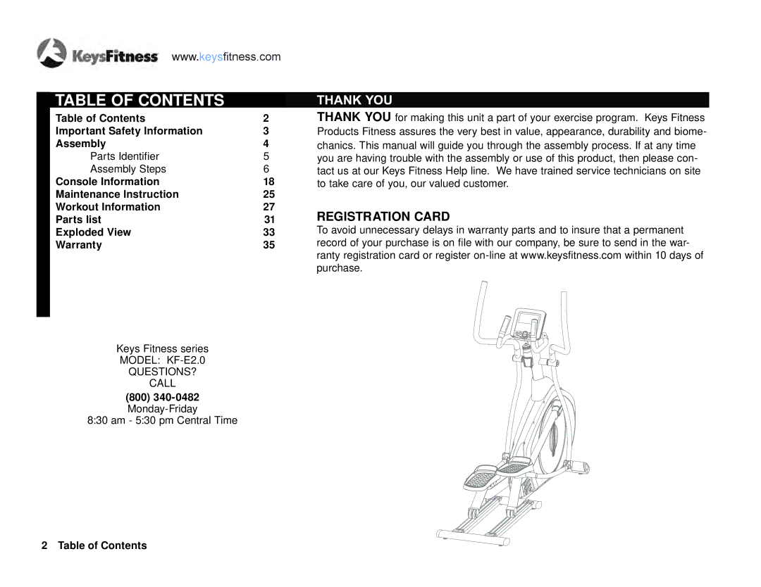 Keys Fitness E2-0 owner manual Table of Contents 