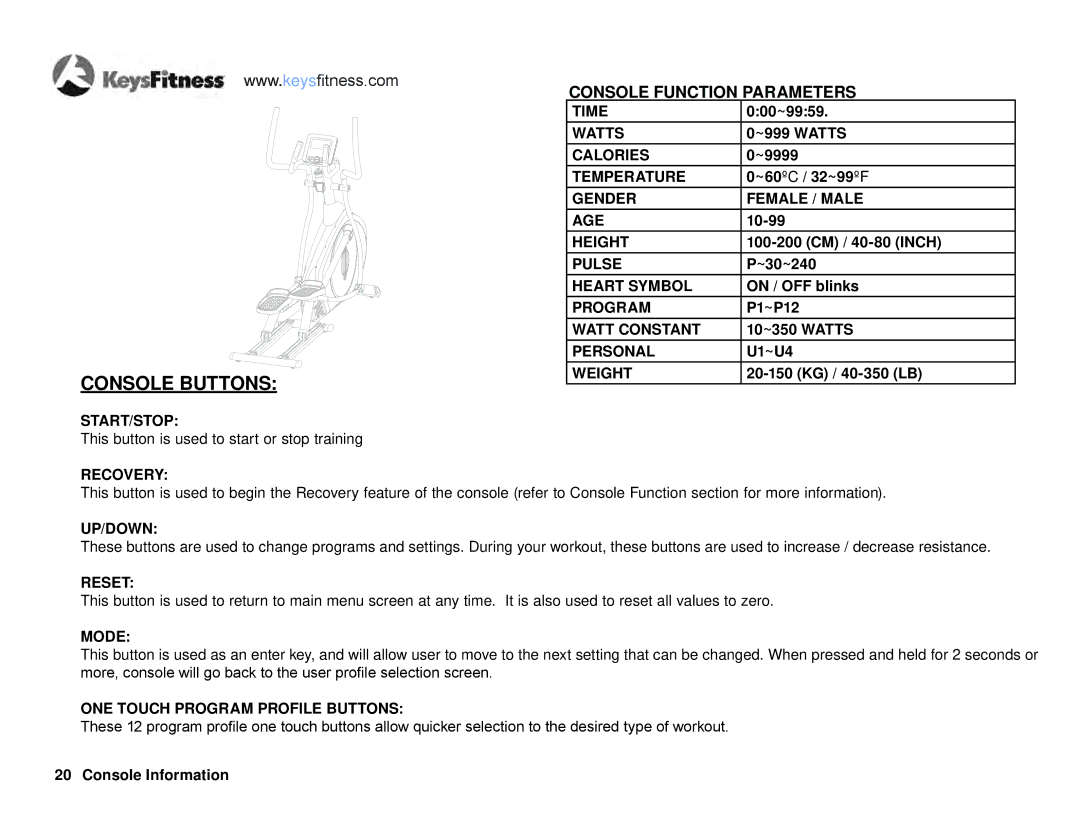 Keys Fitness E2-0 owner manual Console Buttons, Console Function Parameters 