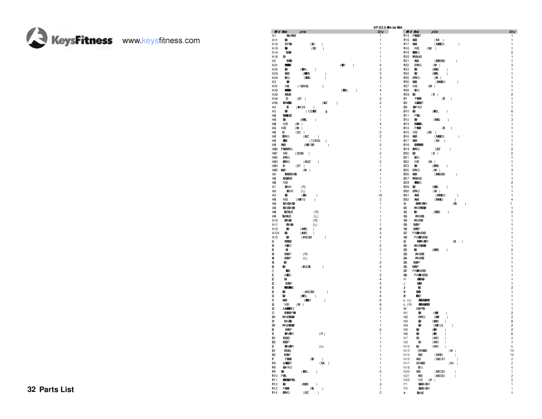 Keys Fitness E2-0 owner manual KF-E2.0 Parts List Rev a Ref # Description Qty 