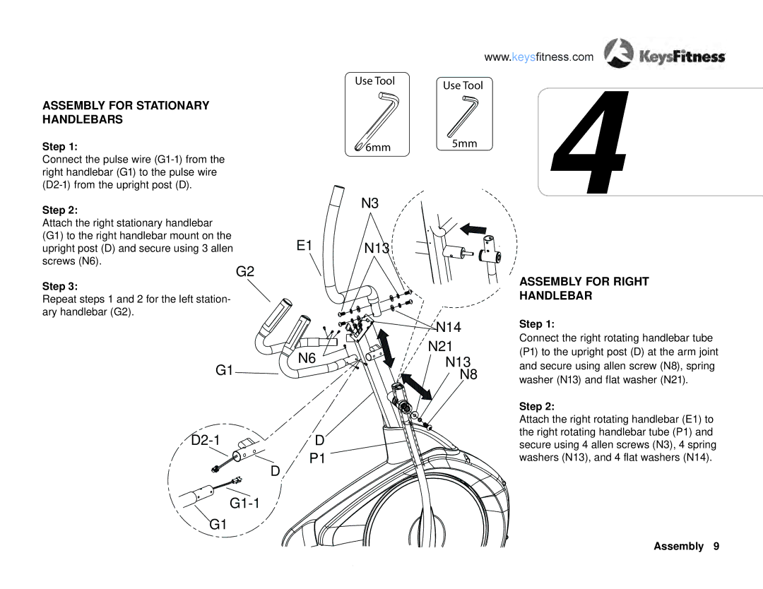 Keys Fitness E2-0 owner manual Assembly for Stationary Handlebars 