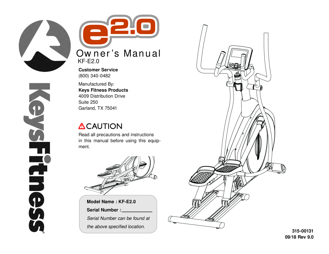 Keys Fitness E2-0 owner manual KF-E2.0, Owner’s Manual, Serial Number can be found at the above specified location 