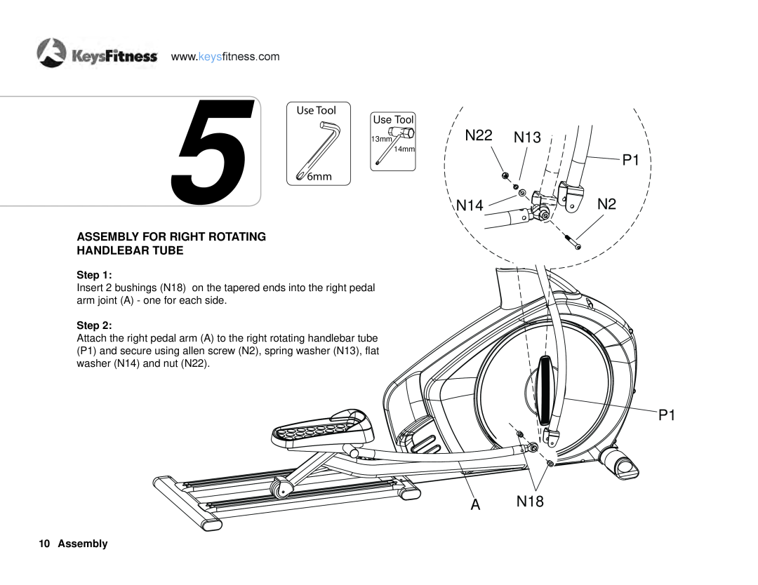 Keys Fitness E2-0 owner manual N22 N13 P1 N14N2 P1, Use Tool, Assembly For Right Rotating Handlebar Tube 