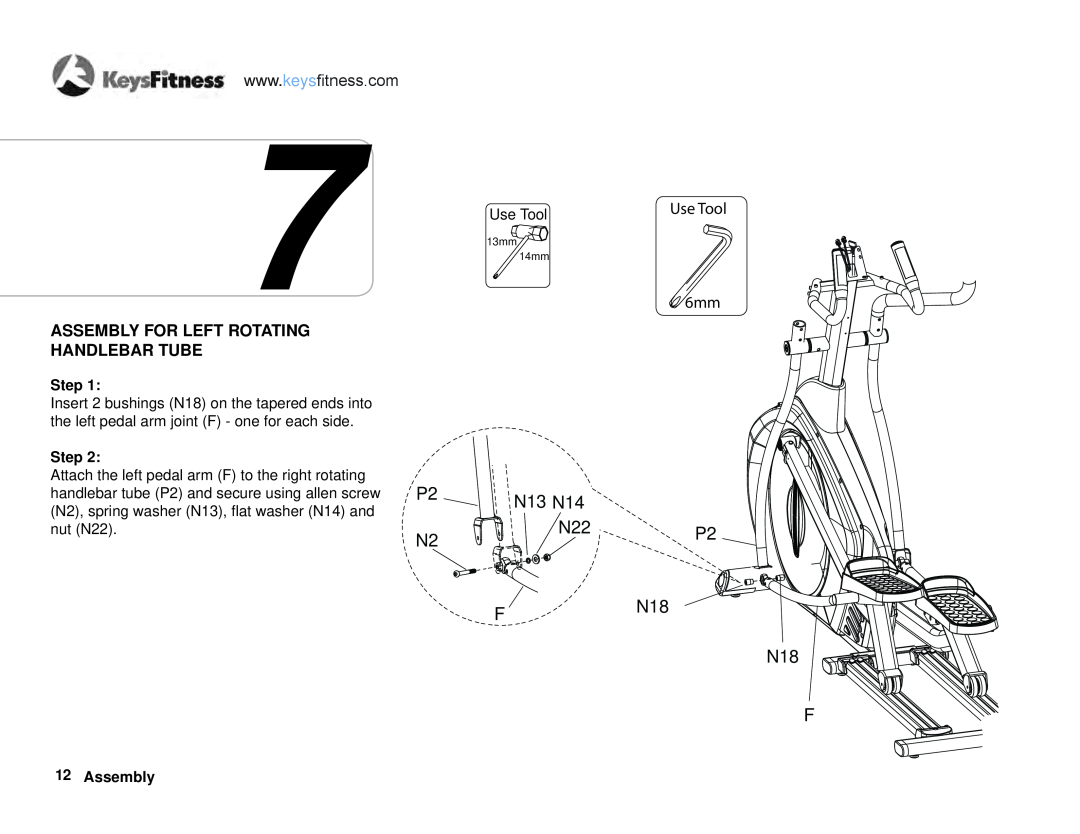 Keys Fitness E2-0 owner manual N13 N14, P2 N18 N18 F, Assembly For Left Rotating Handlebar Tube, Use Tool 6mm 