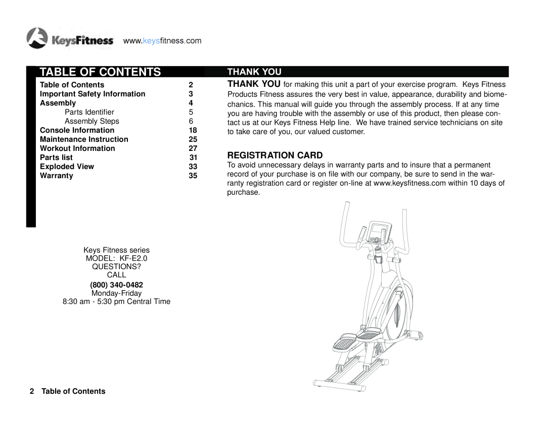 Keys Fitness E2-0 owner manual Table Of Contents, Registration Card 