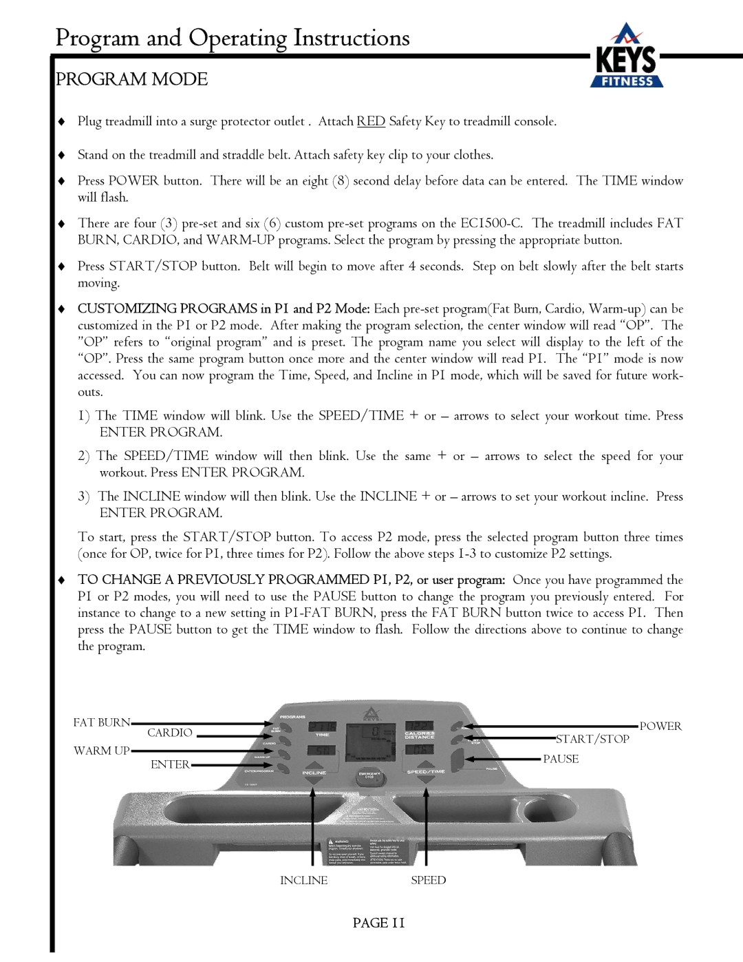 Keys Fitness EC1500-C owner manual Program Mode 