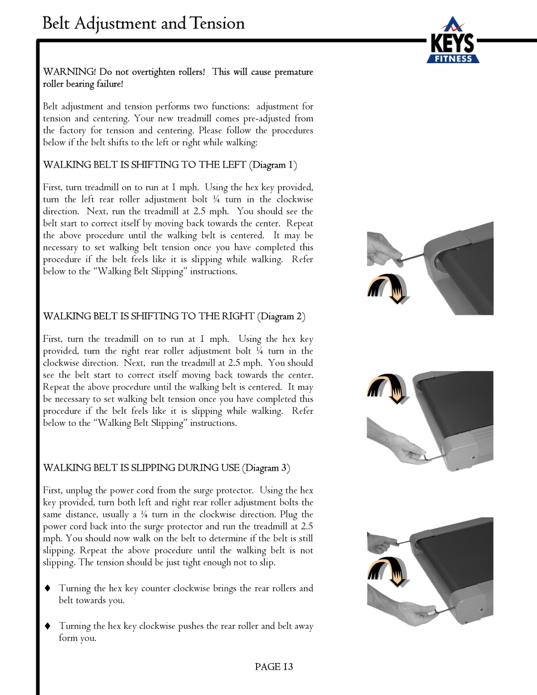 Keys Fitness EC1500-C owner manual Belt Adjustment and Tension, Walking Belt is Shifting to the Left Diagram 