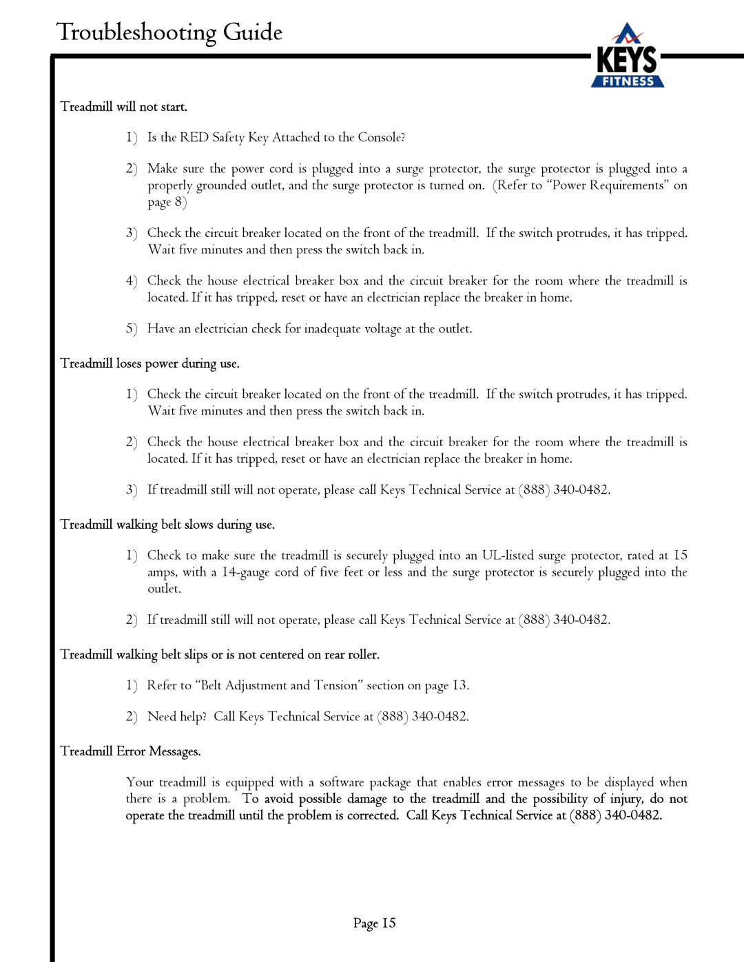 Keys Fitness EC1500-C owner manual Troubleshooting Guide, Treadmill will not start 