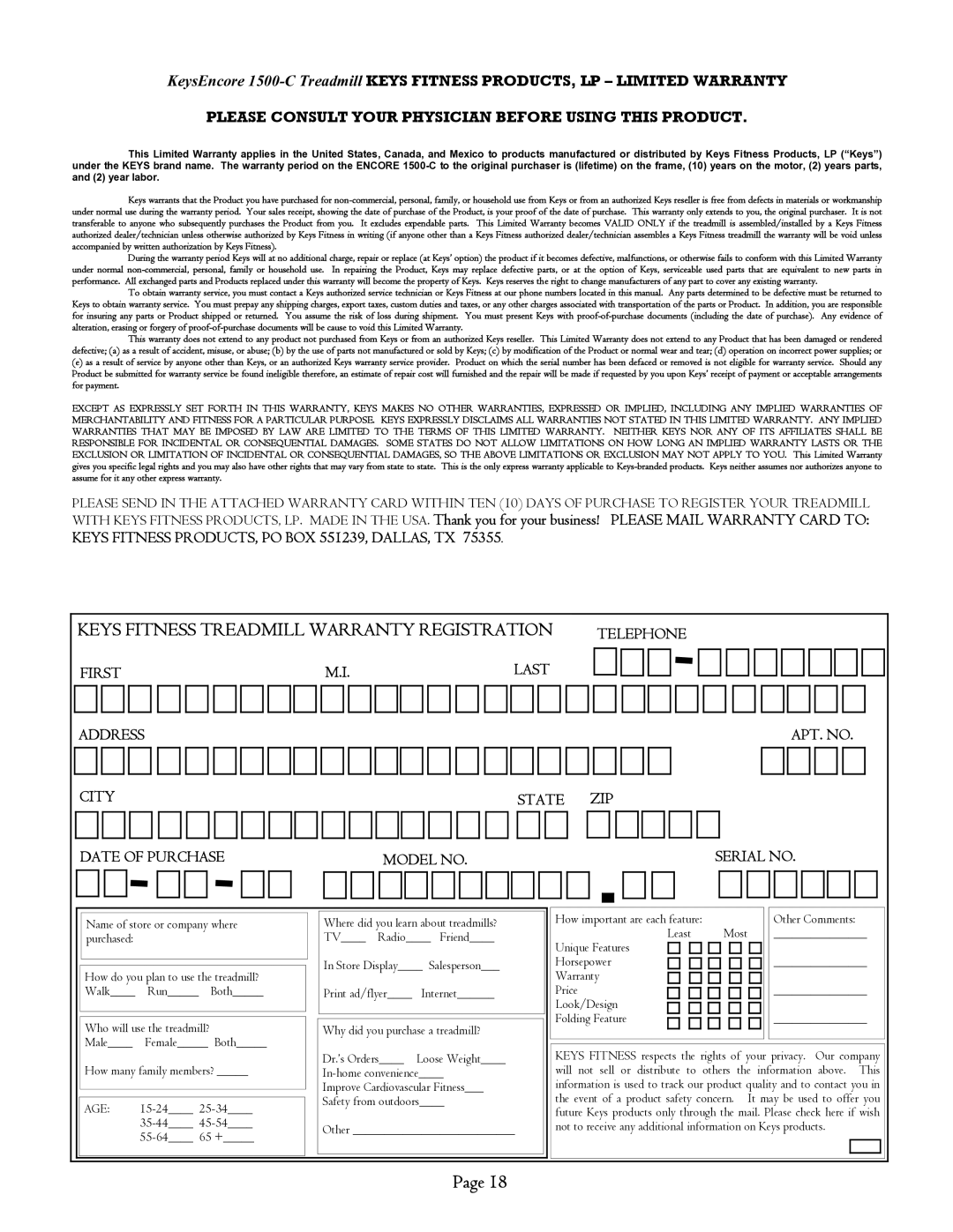 Keys Fitness EC1500-C owner manual Keys Fitness Treadmill Warranty Registration 