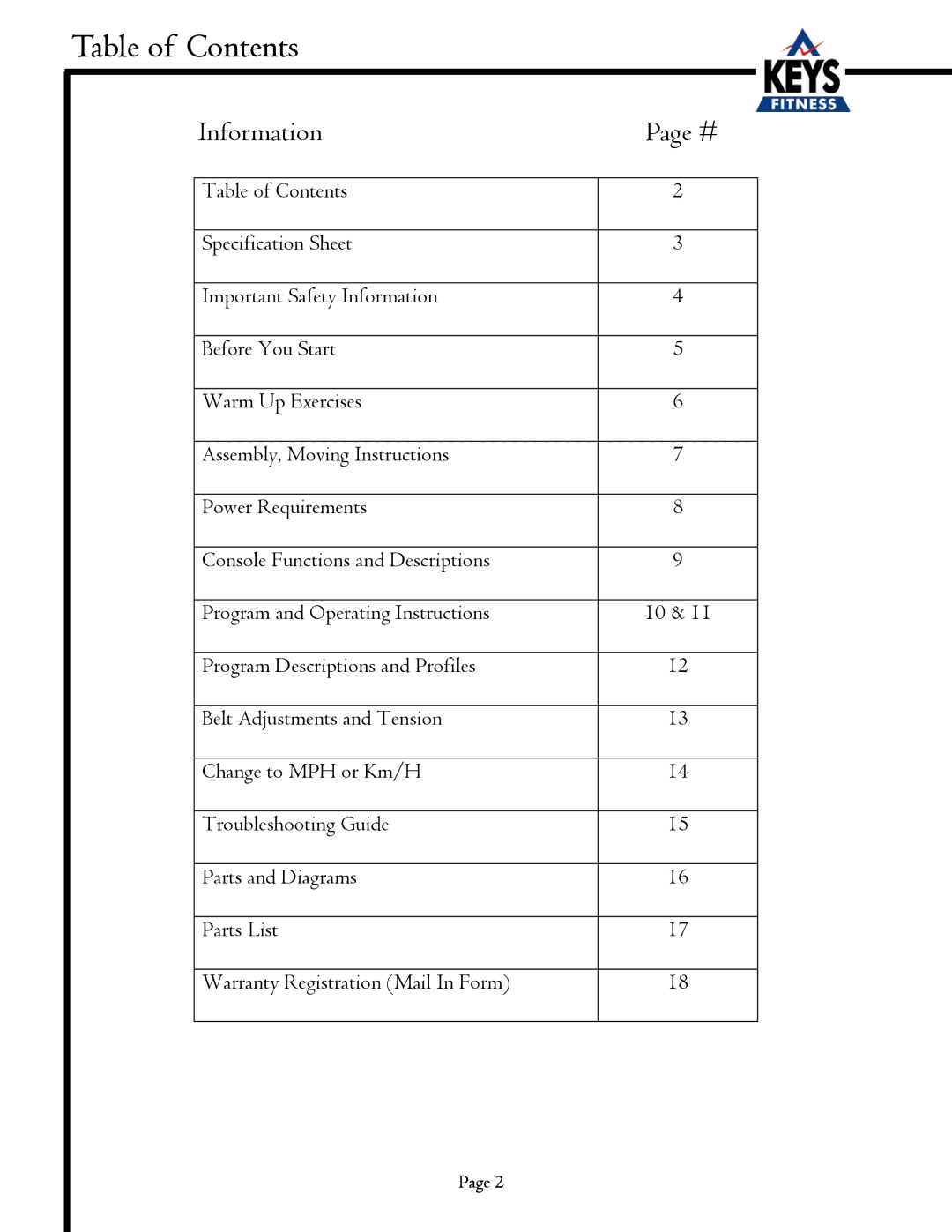 Keys Fitness EC1500-C owner manual Table of Contents 