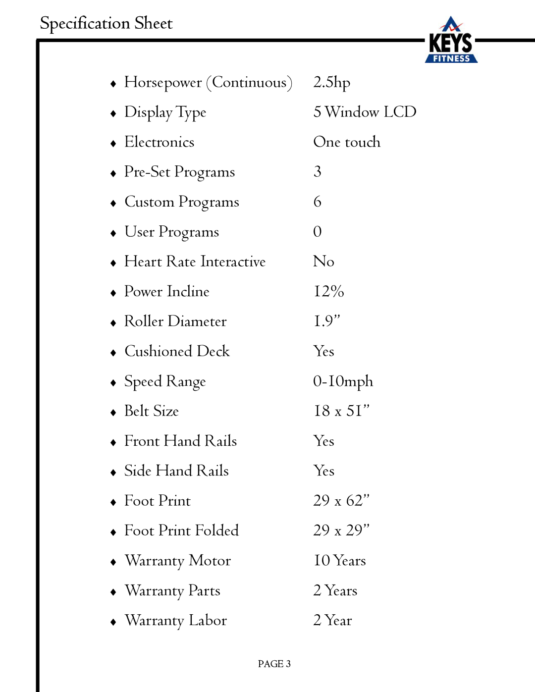 Keys Fitness EC1500-C owner manual Specification Sheet 