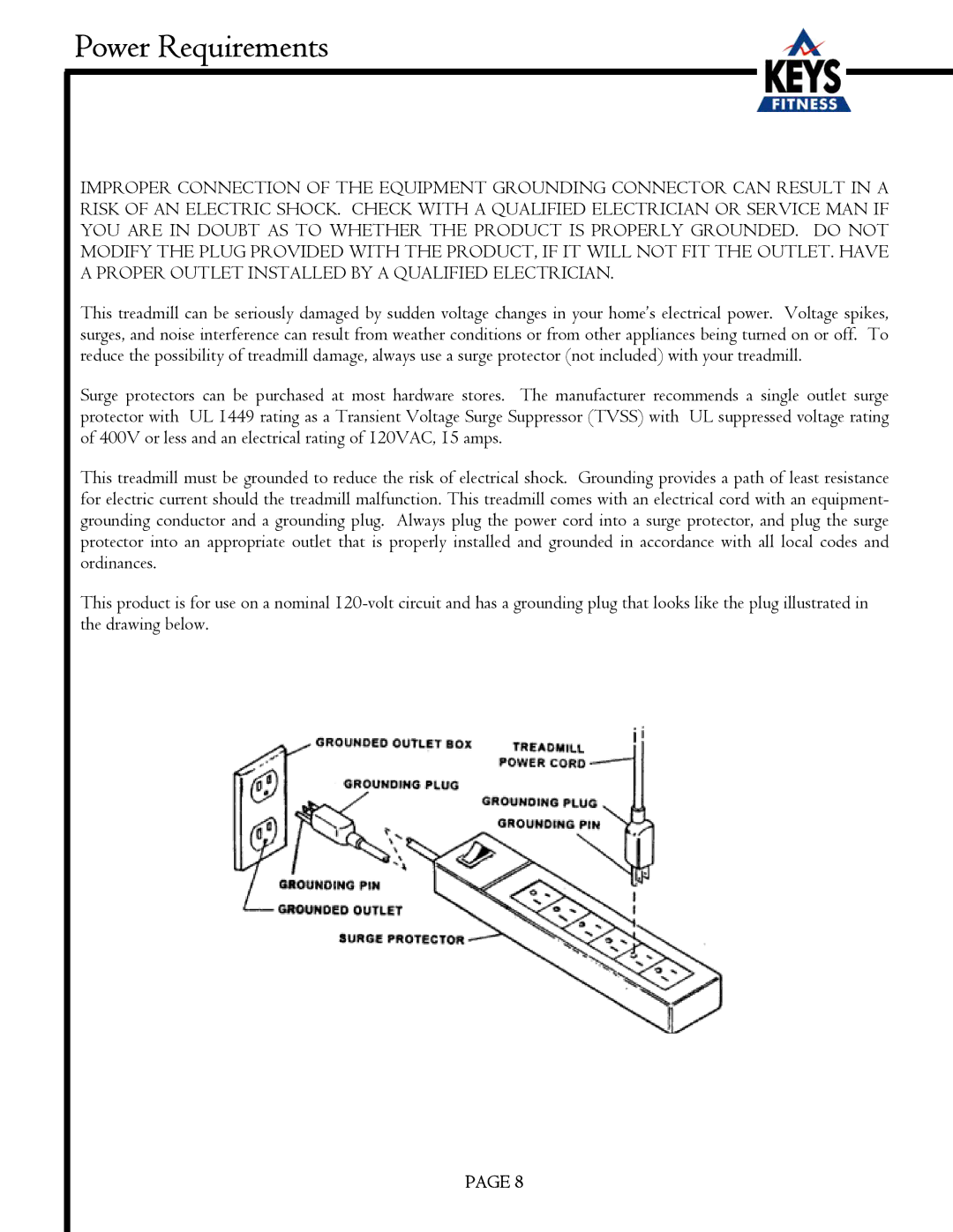 Keys Fitness EC1500-C owner manual Power Requirements 