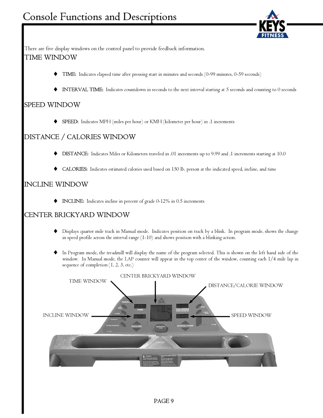 Keys Fitness EC1500-C owner manual Console Functions and Descriptions, Time Window 